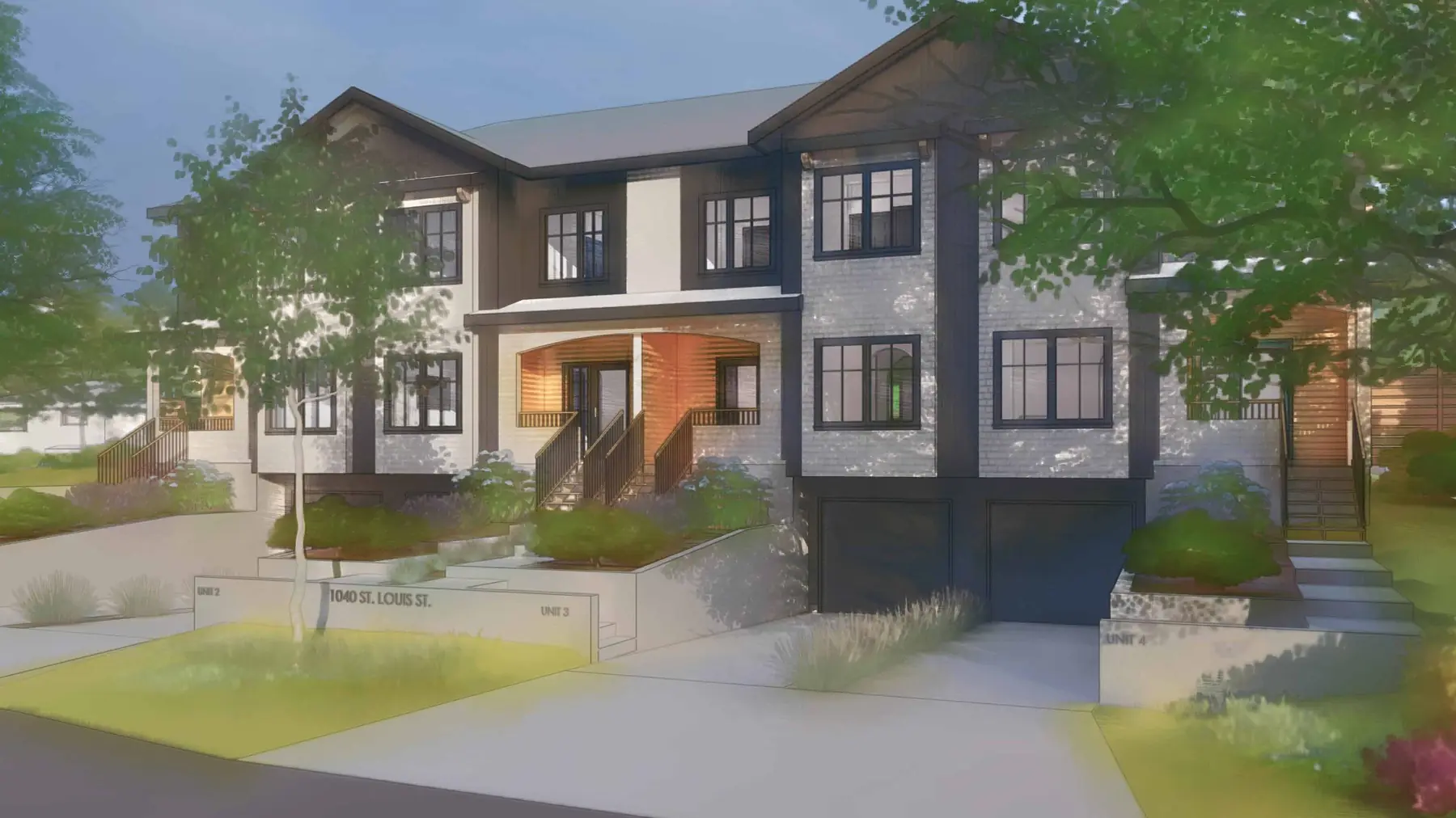 Rendering of the townhomes from St. Louis Street