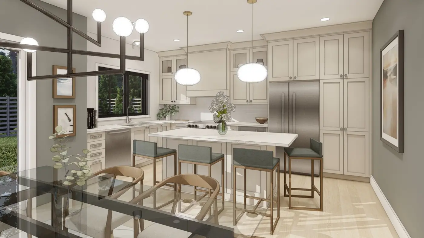 Kitchen rendering with island seating