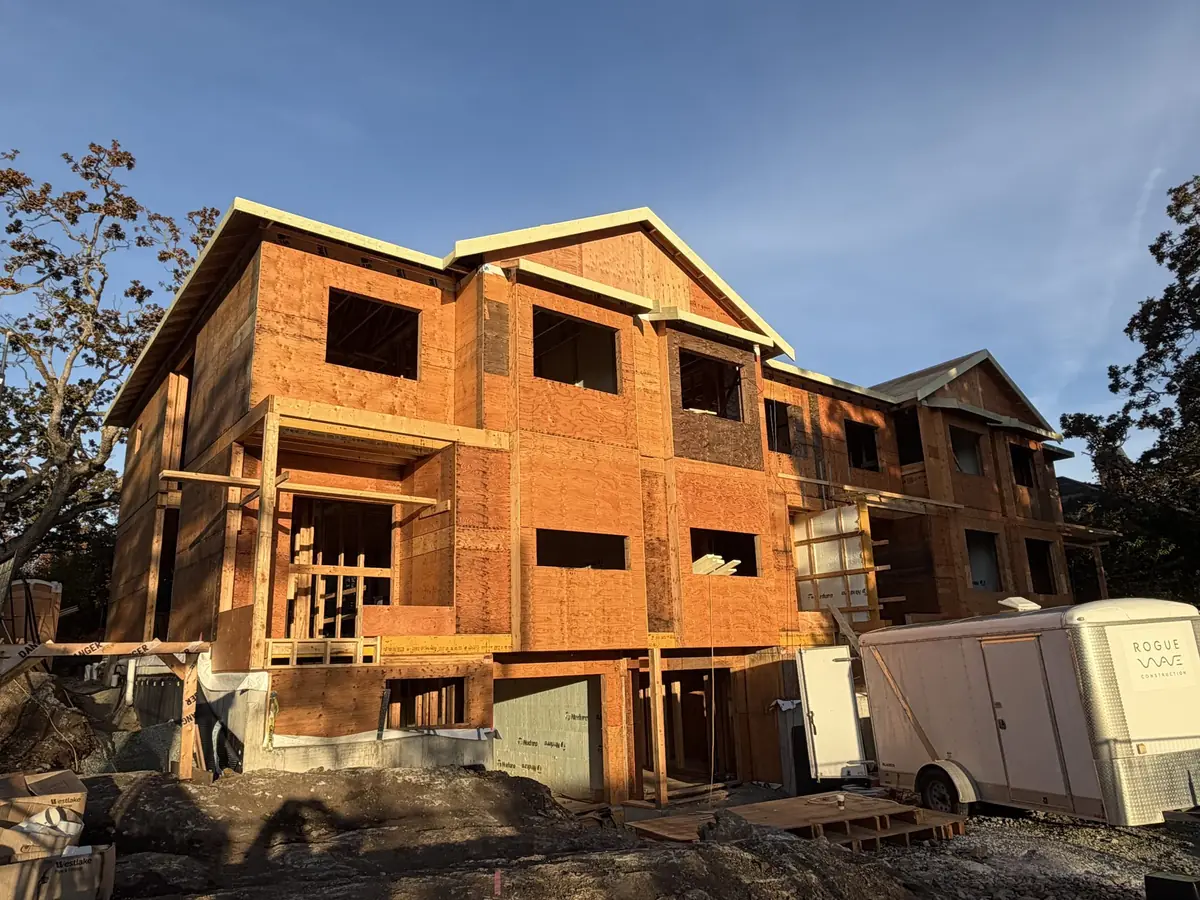 The townhomes under construction from the street, October 8, 2026